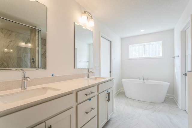 6722 Tamarack Ln, Corcoran, MN 55340 - full bathroom featuring marble finish flooring, double vanity, a freestanding bath, a stall shower, and recessed lighting