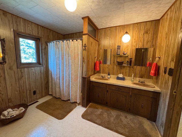 715 250th Ave, Fairmont, MN 56031 - full bath featuring wooden walls, double vanity, and a shower with curtain