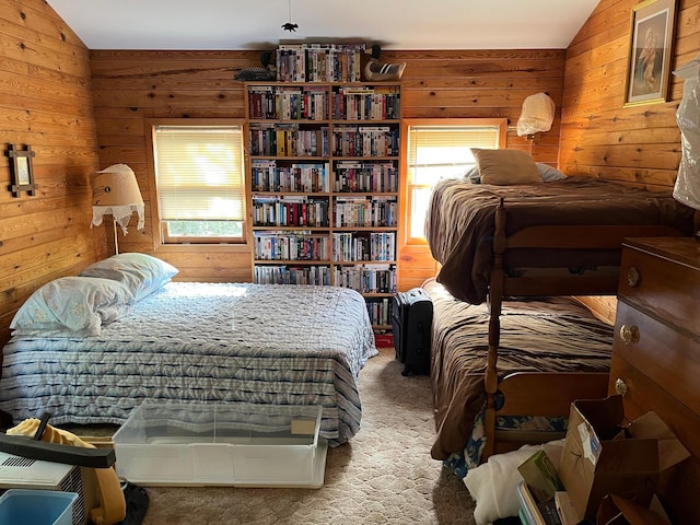 2485 Keyes Is, International Falls, MN 56649 - bedroom with light carpet, lofted ceiling, and wood walls