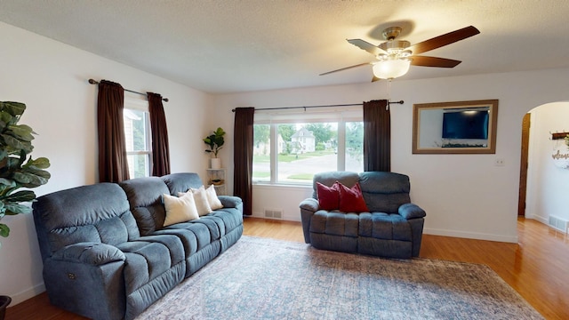 711 5th Ave SW, Austin, MN 55912 - living room featuring arched walkways, light wood finished floors, and a ceiling fan