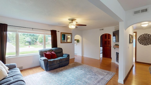 711 5th Ave SW, Austin, MN 55912 - living area with arched walkways, a ceiling fan, light wood-type flooring, and a glass covered fireplace