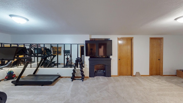 711 5th Ave SW, Austin, MN 55912 - workout area featuring a textured ceiling, carpet floors, and a fireplace