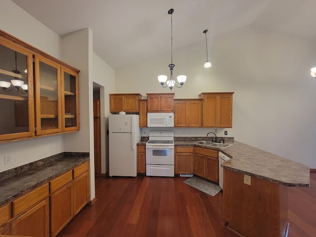 2729 Parkhaven Ct N, Brooklyn Park, MN 55444 - kitchen featuring white appliances, a peninsula, a chandelier, dark wood-style floors, and brown cabinets