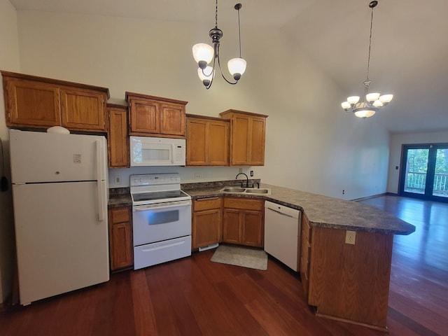 2729 Parkhaven Ct N, Brooklyn Park, MN 55444 - kitchen with white appliances, high vaulted ceiling, a chandelier, a peninsula, and dark countertops