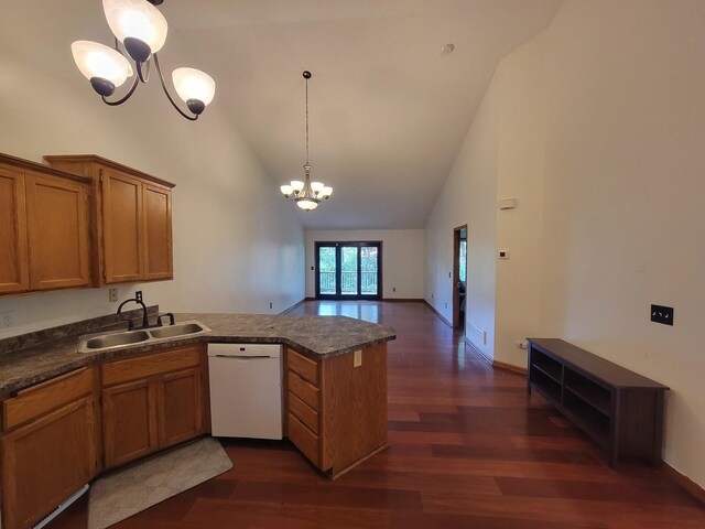 2729 Parkhaven Ct N, Brooklyn Park, MN 55444 - kitchen with dishwasher, a chandelier, a peninsula, brown cabinetry, and high vaulted ceiling