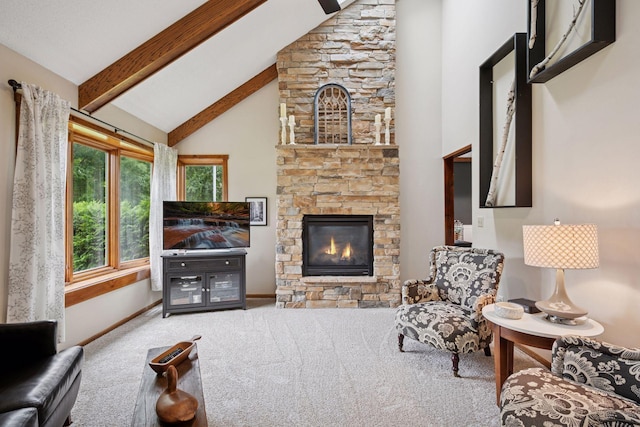 420 Pleasant Crest Cir, Annandale, MN 55302 - carpeted living room with a stone fireplace, beam ceiling, and high vaulted ceiling