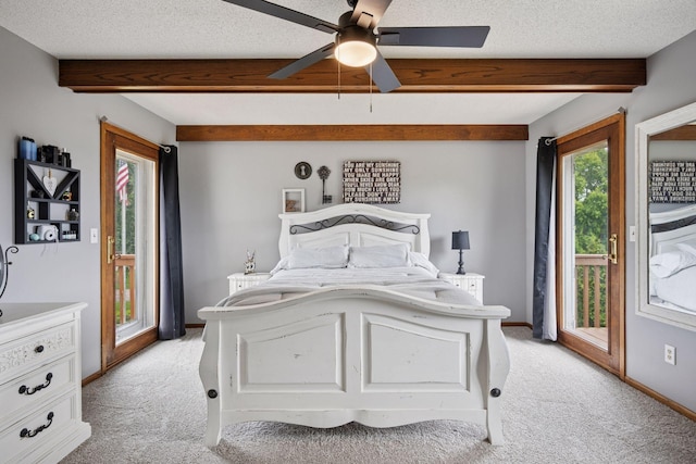 420 Pleasant Crest Cir, Annandale, MN 55302 - bedroom featuring light carpet, access to outside, beam ceiling, a ceiling fan, and a textured ceiling