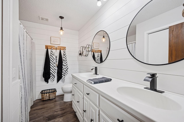420 Pleasant Crest Cir, Annandale, MN 55302 - full bathroom featuring a textured ceiling, double vanity, wood walls, and wood finished floors