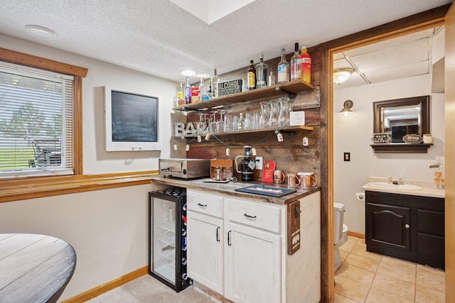 420 Pleasant Crest Cir, Annandale, MN 55302 - indoor wet bar featuring a textured ceiling and beverage cooler