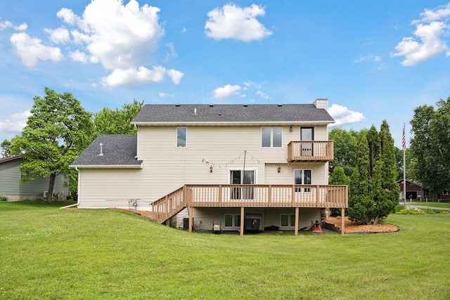 420 Pleasant Crest Cir, Annandale, MN 55302 - rear view of property featuring a lawn, a wooden deck, a chimney, a shingled roof, and a balcony