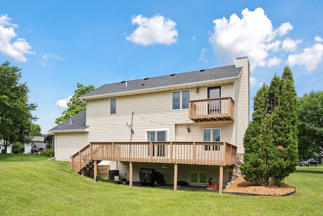 420 Pleasant Crest Cir, Annandale, MN 55302 - rear view of house with a lawn, a wooden deck, a chimney, roof with shingles, and stairway