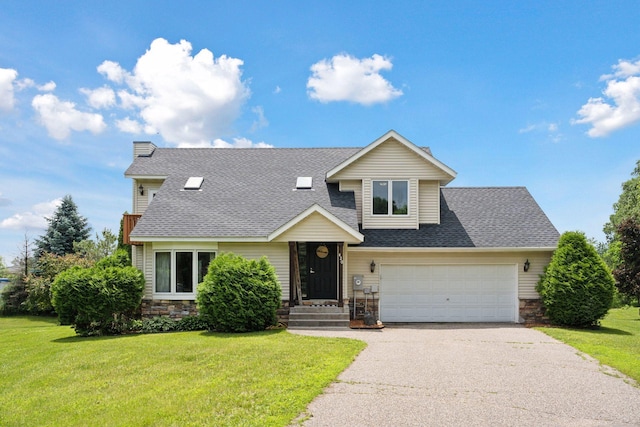 420 Pleasant Crest Cir, Annandale, MN 55302 - view of front of house with stone siding, roof with shingles, driveway, a front lawn, and an attached garage