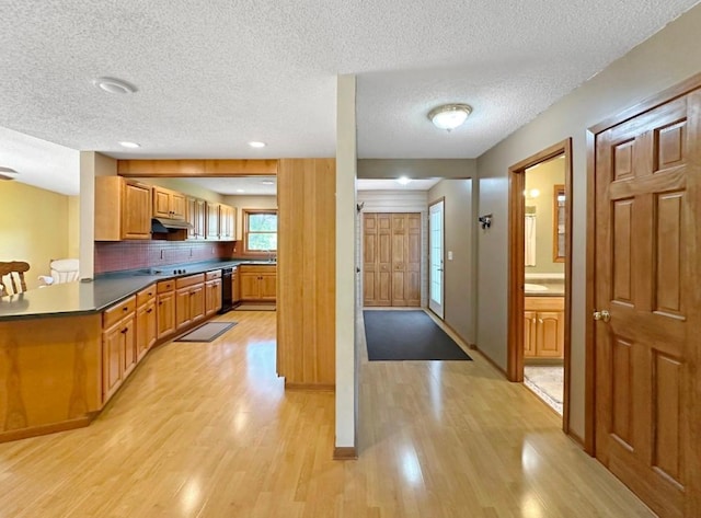 2117 Isleview Rd, Grand Rapids, MN 55744 - kitchen with light wood-style floors, a textured ceiling, dark countertops, under cabinet range hood, and black dishwasher