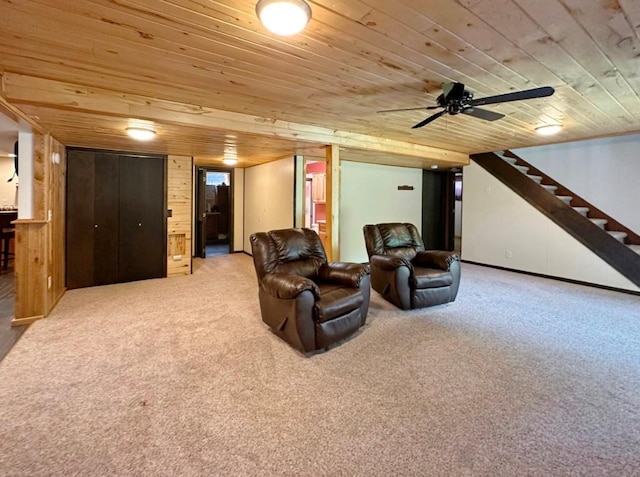 2117 Isleview Rd, Grand Rapids, MN 55744 - living room featuring carpet floors, wood ceiling, stairs, and a ceiling fan