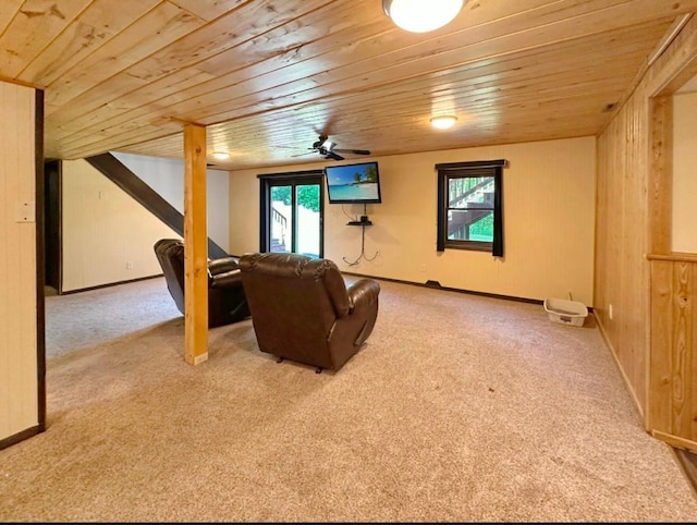 2117 Isleview Rd, Grand Rapids, MN 55744 - unfurnished living room featuring wood ceiling, carpet, and a ceiling fan