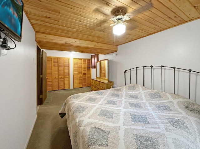 2117 Isleview Rd, Grand Rapids, MN 55744 - carpeted bedroom with wooden ceiling, two closets, and ceiling fan