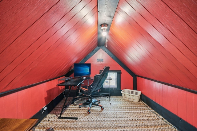 6429 Maple St, North Branch, MN 55056 - carpeted office space featuring vaulted ceiling and wooden walls