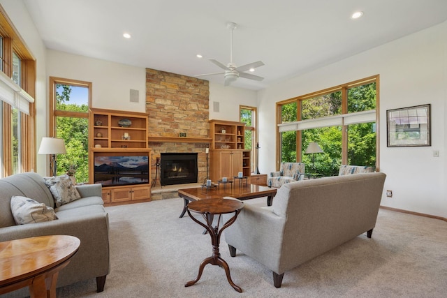 180 Ranchview Ln S, Minnetonka, MN 55391 - living area with healthy amount of natural light, carpet floors, recessed lighting, ceiling fan, and a stone fireplace