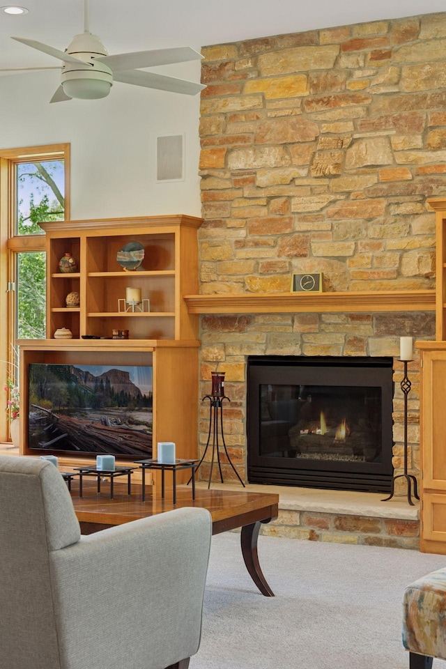 180 Ranchview Ln S, Minnetonka, MN 55391 - living area featuring a stone fireplace and ceiling fan