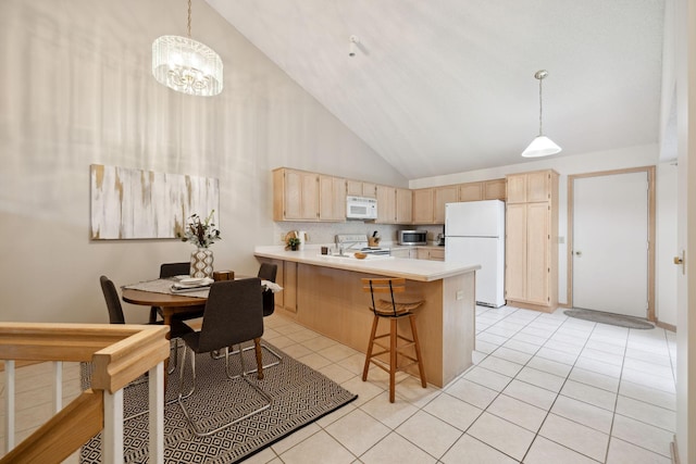 790 Winterberry Dr, Woodbury, MN 55125 - kitchen with white appliances, light brown cabinets, high vaulted ceiling, light tile patterned floors, and a peninsula