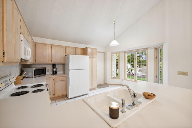 790 Winterberry Dr, Woodbury, MN 55125 - kitchen with white appliances, light brown cabinets, decorative backsplash, light countertops, and light tile patterned floors