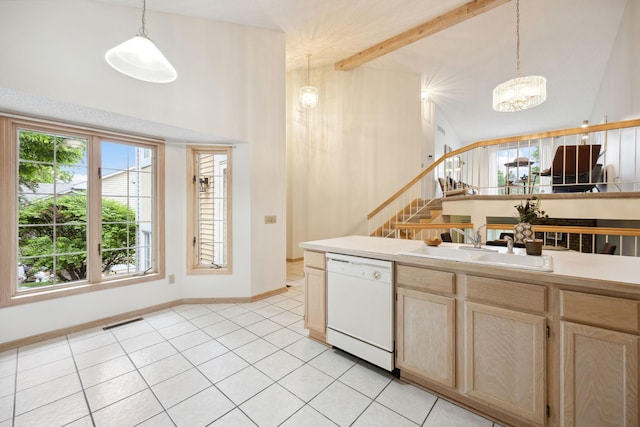 790 Winterberry Dr, Woodbury, MN 55125 - kitchen featuring white dishwasher, light brown cabinetry, hanging light fixtures, a chandelier, and light tile patterned flooring