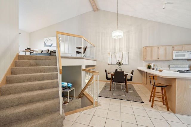 790 Winterberry Dr, Woodbury, MN 55125 - dining space with light tile patterned flooring, high vaulted ceiling, a chandelier, stairway, and beamed ceiling