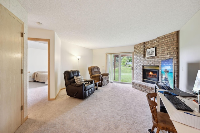 790 Winterberry Dr, Woodbury, MN 55125 - living area featuring light carpet, a fireplace, a textured ceiling, and a desk