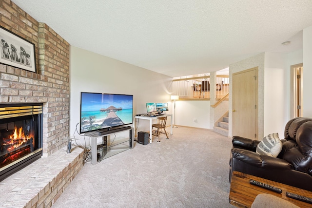 790 Winterberry Dr, Woodbury, MN 55125 - carpeted living room featuring a brick fireplace, stairs, and a textured ceiling