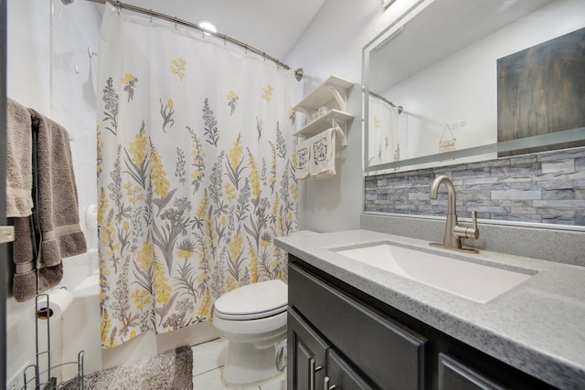 1219 Lakeview Pkwy, Buffalo, MN 55313 - full bath with vanity, decorative backsplash, shower / bathtub combination with curtain, and tile patterned floors