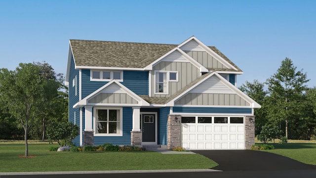 7592 Norway Ln, Lino Lakes, MN 55038 - craftsman house featuring roof with shingles, board and batten siding, stone siding, driveway, and a front yard