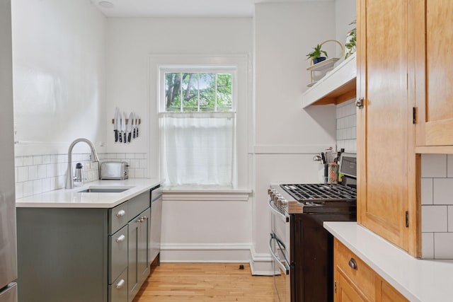 3533 Pleasant Ave Unit 3, Minneapolis, MN 55408 - kitchen featuring range with two ovens, tasteful backsplash, gray cabinetry, and light countertops
