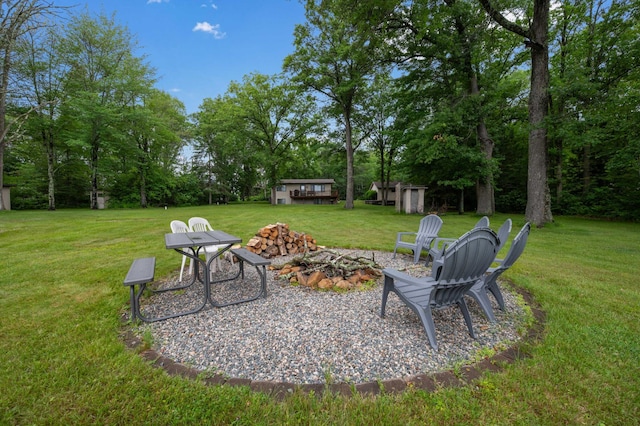 25463 County Road 267, Cohasset, MN 55721 - view of green lawn with a storage unit and an outdoor fire pit