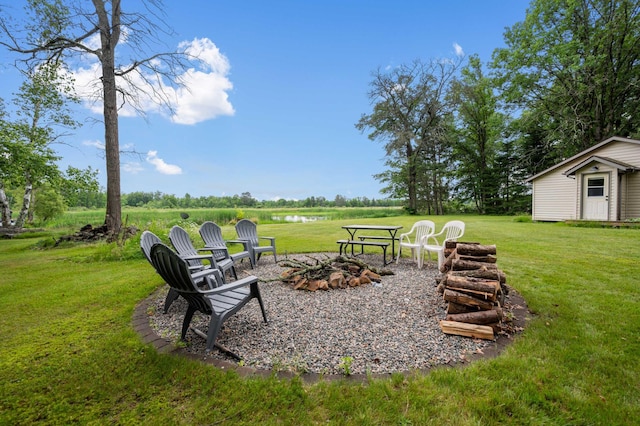 25463 County Road 267, Cohasset, MN 55721 - view of green lawn with a fire pit and an outdoor structure