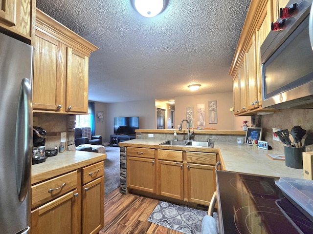 11348 Ibis St NW, Coon Rapids, MN 55433 - kitchen with stainless steel appliances, a peninsula, a textured ceiling, open floor plan, and dark wood-style flooring