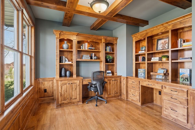 7530 Quail Ridge Trl, Greenfield, MN 55373 - office area with built in desk, beamed ceiling, light wood finished floors, wainscoting, and coffered ceiling