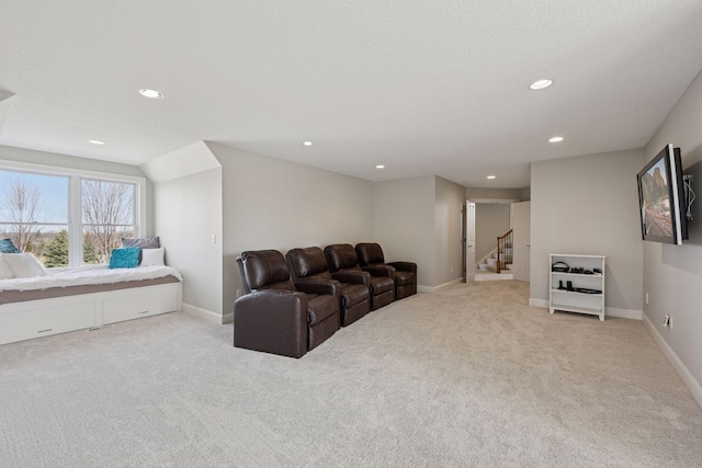7530 Quail Ridge Trl, Greenfield, MN 55373 - living room featuring carpet flooring, stairs, and recessed lighting
