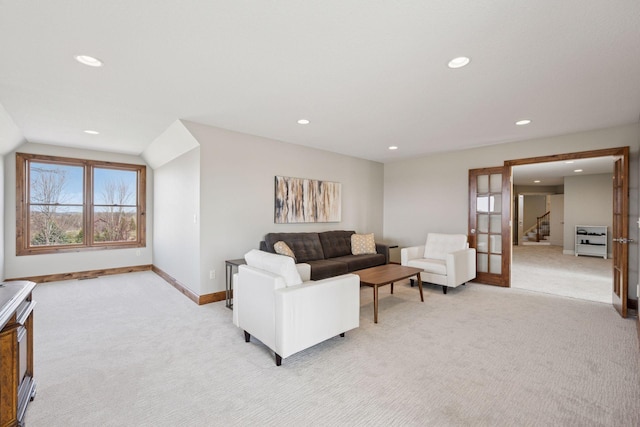 7530 Quail Ridge Trl, Greenfield, MN 55373 - living area with light carpet, recessed lighting, and stairway