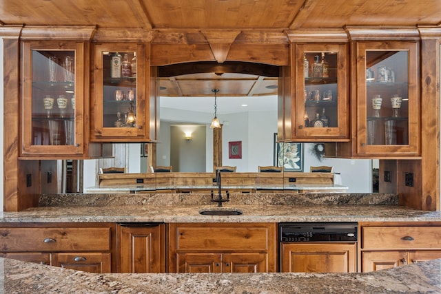 7530 Quail Ridge Trl, Greenfield, MN 55373 - kitchen with wood ceiling, dishwasher, brown cabinets, and glass insert cabinets