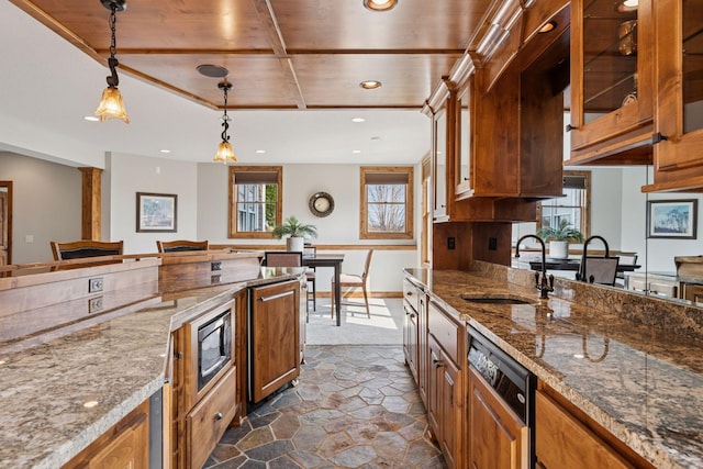 7530 Quail Ridge Trl, Greenfield, MN 55373 - kitchen with black dishwasher, stainless steel microwave, brown cabinets, recessed lighting, and wooden ceiling