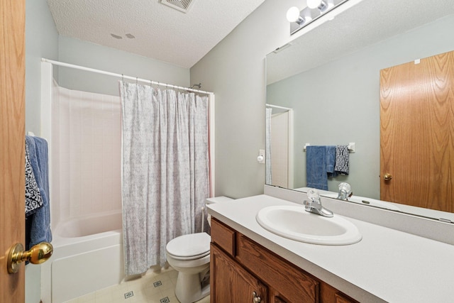 14916 Overlook Dr, Savage, MN 55378 - full bath featuring vanity, shower / bathtub combination with curtain, a textured ceiling, and tile patterned flooring
