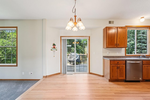 14916 Overlook Dr, Savage, MN 55378 - kitchen featuring stainless steel dishwasher, a chandelier, light wood-style flooring, and brown cabinetry