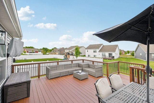 7516 Ochoa Ave NE, Otsego, MN 55330 - wooden deck featuring a residential view, a playground, an outdoor living space, and a fenced backyard