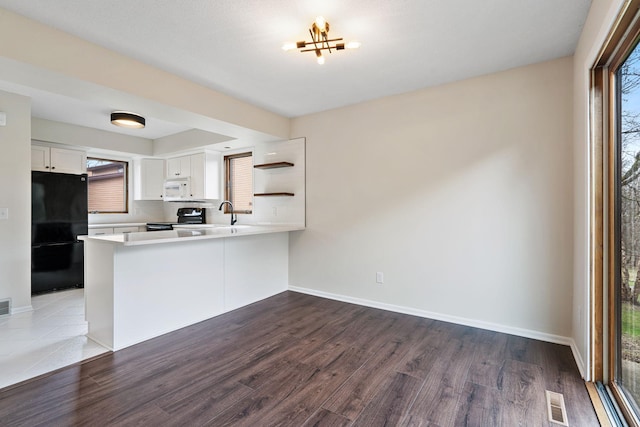 434 11th St Unit D, New Richmond, WI 54017 - kitchen featuring freestanding refrigerator, electric stove, white microwave, a peninsula, and dark wood-style flooring