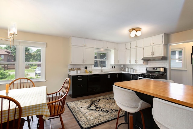 311 Fremont St, River Falls, WI 54022 - kitchen with stainless steel range oven, under cabinet range hood, light countertops, tasteful backsplash, and dark cabinets