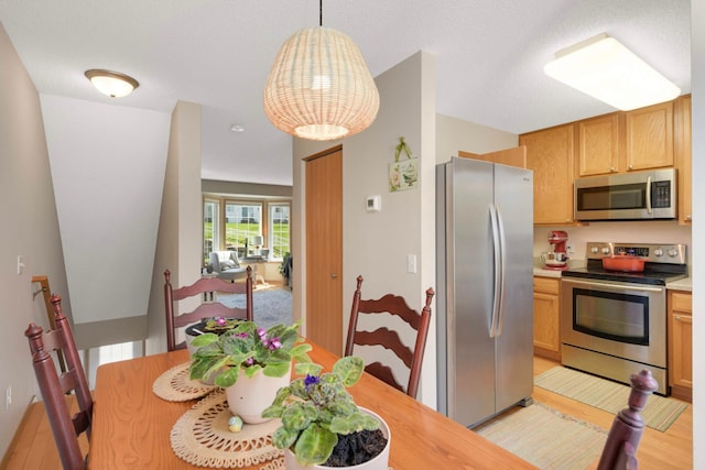 16059 72nd St NE, Otsego, MN 55330 - kitchen featuring appliances with stainless steel finishes, light countertops, light wood finished floors, and decorative light fixtures