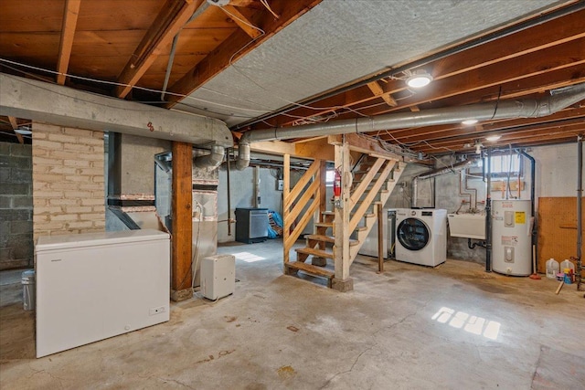 3506 Boardman St, Minneapolis, MN 55417 - unfinished basement with water heater, white fridge, washer and dryer, and stairway