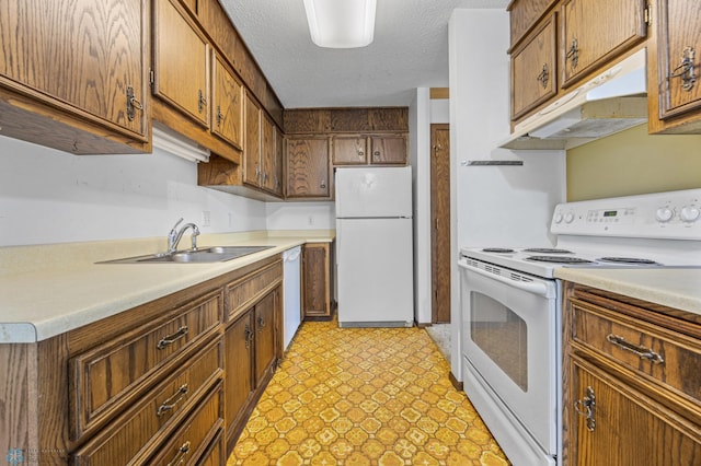 812 10th St S Unit B12, Fargo, ND 58103 - kitchen with white appliances, under cabinet range hood, light countertops, light floors, and a textured ceiling