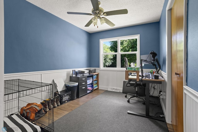 1706 14 1/2 St S, Fargo, ND 58103 - office with a ceiling fan, a textured ceiling, wainscoting, and carpet