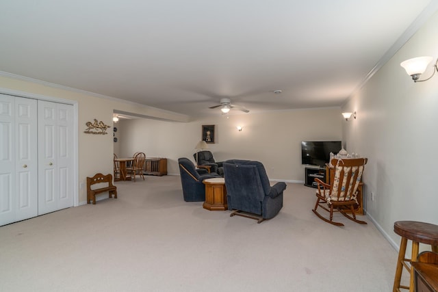 521 Spruce Ln, Crookston, MN 56716 - living room with a ceiling fan, ornamental molding, and carpet floors